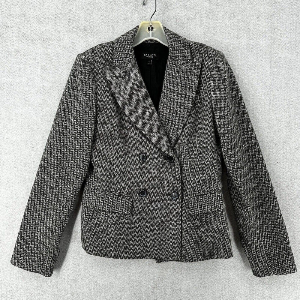 Talbots Blazer Womens 6 Double Breasted Herringbone Gray Wool Blend Lined